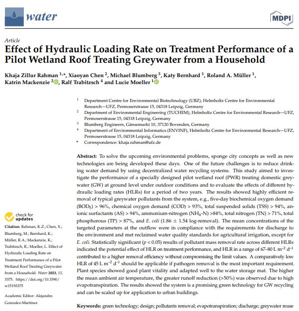 Rahman et al.: Effect of Hydraulic Loading Rate on Treatment Performance of a Pilot Wetland Roof Treating Greywater from a Household
